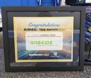 CenterState CEO’s 2026 Business of the Year award rests on top of Carlos Tearney’s desk. GR8 KIDZ was also a finalist in 2025 but did not win.
